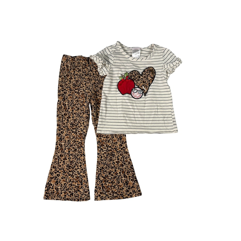 Bonnie‎ Jean Girls Striped Ruffle Sleeve T Shirt Leopard Flare Pants Set Size 5
